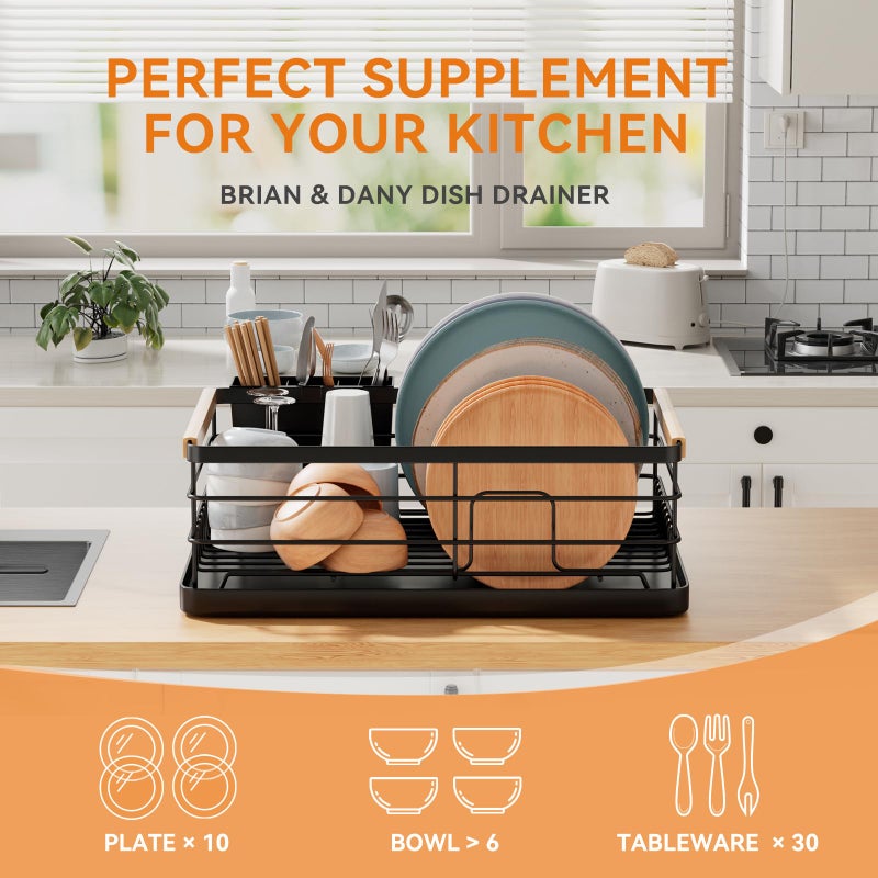 BRIAN & DANY Dish Drying Rack, Dish Racks for Kitchen Counter, Stainless Steel Dish Drainer with Removable Cutlery Holder & Drainboard, Black - Image 4